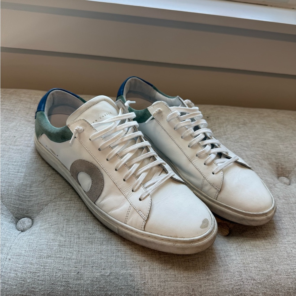 Oliver Cabell White Leather Sneakers with Green & Blue Heel Tabs